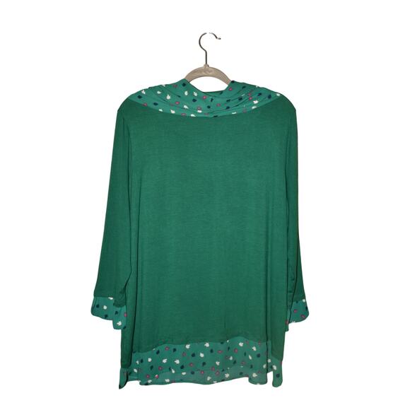 KIM‎ ROGERS NEW $46 Green Long Sleeve Leaf Print Trim Top Cowl Neck Scarf XL - Picture 2 of 4